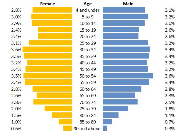 Graph to show gender by age in Maidstone. Within the Maidstone population, there are more females (0.6%) at the age of 90 and above than men (0.3%) and this pattern is consistent in nearly all 5-year age groups above 30 years. However, in all 5-year age groups below 30 years, the male is the volume dominant gender in Maidstone. 