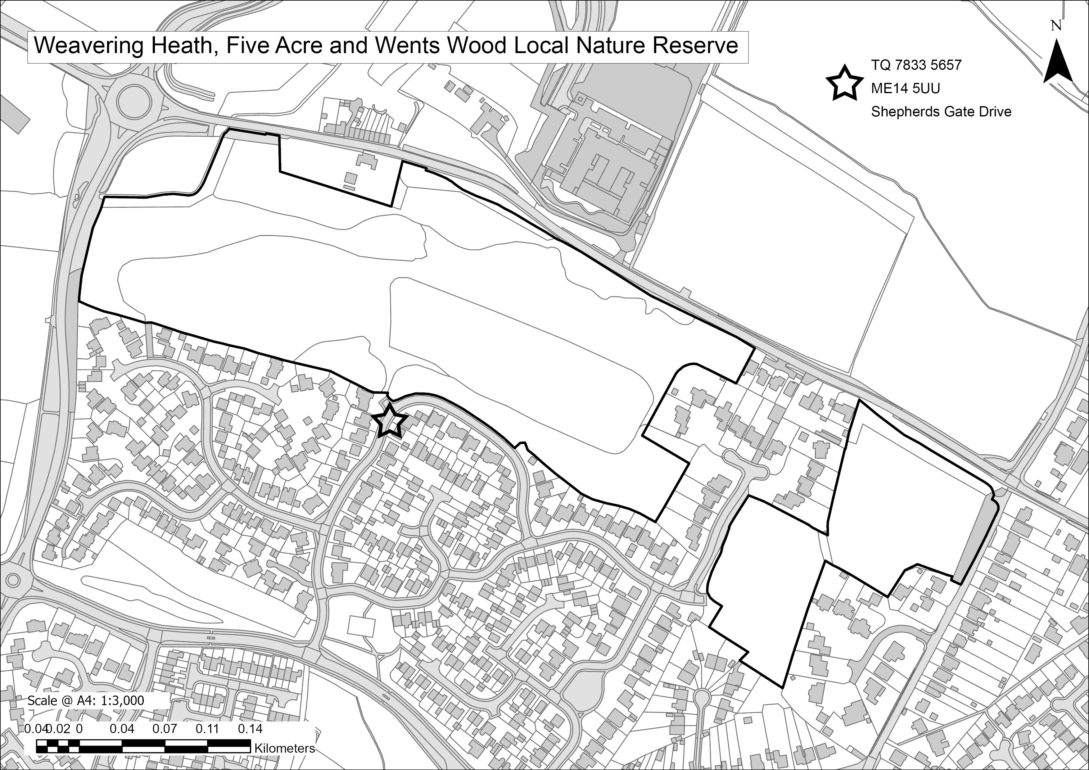 Map showing the proposed area Weavering Heath, Five Acre and Wents Wood local nature reserve, nearest roads Shepherds Gate Drive and Exton Gardens