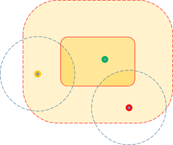 A diagram of a rectangle with circles and dots