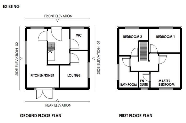 An example of an acceptable existing floor plan at a scale of 1:50 or 1:100. The plan outlines the individual rooms in the house. Doorways, staircases and windows are identified. The front, rear and side elevations are clearly labelled.