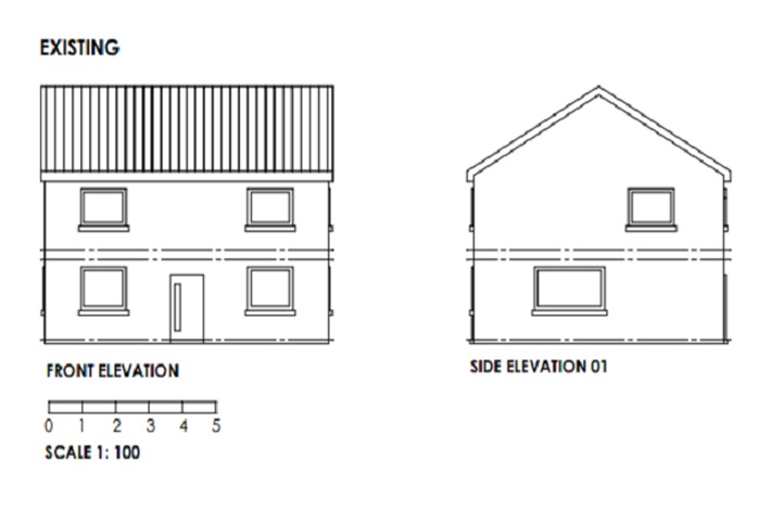 An example of an acceptable existing elevation scale at a scale of 1:100. The plan outlines what the building looks like from the outside.   The front, rear and side elevations are labelled underneath. Windows and doors are clearly shown. The floor levels are drawn with dashed horizontal lines. The roof is identified with vertical lines.  The scale bar is at the bottom of the plan. Picture one of two.