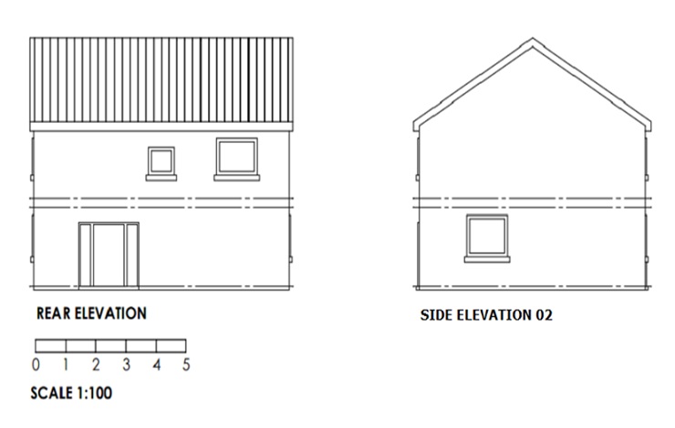 An example of an acceptable existing elevation scale at a scale of 1:100. The plan outlines what the building looks like from the outside.   The front, rear and side elevations are labelled underneath. Windows and doors are clearly shown. The floor levels are drawn with dashed horizontal lines. The roof is identified with vertical lines.  The scale bar is at the bottom of the plan. Picture two of two.