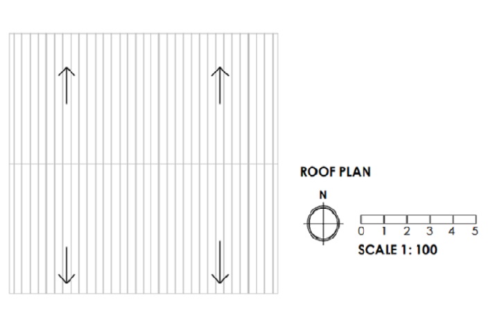 An example of an acceptable existing roof plan at a scale of 1:100. The plan outlines the shape of the roof. Arrows identify the direction of the roof slopes.  The scale bar is at the bottom of the plan next to the north compass.