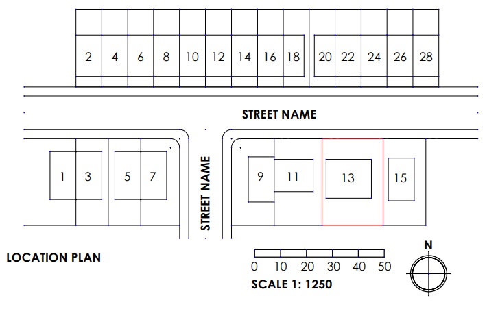 An example of an acceptable site location plan. The buildings and streets are drawn in black. The area around the development site is outlined in red. All of the buildings are labelled with their house number. The scale bar at the bottom of the image is 1:1250 and the north compass is next to it.