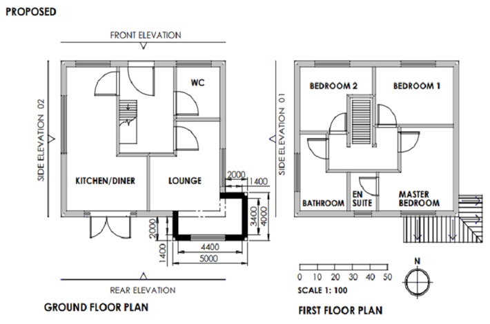 An example of an acceptable proposed floor plan at a scale of 1:50 or 1:100. The plan outlines the individual rooms in the house. Doorways, staircases and windows are identified. The front, rear and side elevations are clearly labelled.  A black square at the bottom of the left drawing outlines the walls of the proposed extension. Measurements are included along with arrows.   The drawing on the right outlines the roof of the proposed extension. The lines show the direction of the roof.