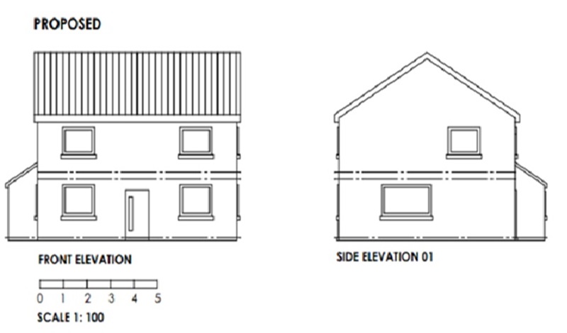 An example of an acceptable proposed elevation scale at a scale of 1:100. The plan outlines what the building looks like from the outside.   The front, rear and side elevations are labelled underneath. Windows and doors are drawn as squares. The floor levels are drawn with dashed horizontal lines. The roof is identified with vertical lines.   The proposed extension has been clearly added.  The scale bar is at the bottom of the plan. Picture one of two.