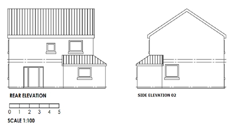 An example of an acceptable proposed elevation scale at a scale of 1:100. The plan outlines what the building looks like from the outside.   The front, rear and side elevations are labelled underneath. Windows and doors are drawn as squares. The floor levels are drawn with dashed horizontal lines. The roof is identified with vertical lines.   The proposed extension has been clearly added.  The scale bar is at the bottom of the plan. Picture two of two.