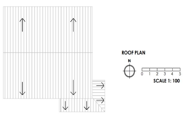 An example of an acceptable proposed roof plan at a scale of 1:100. The plan outlines the shape of the roof. Arrows identify the direction of the roof slopes.  The roof of the proposed extension is added to the bottom right.  The scale bar is at the bottom of the plan next to the north compass.