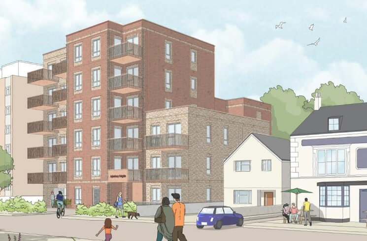 Artist's impression showing a multi-storey apartment building with balconies alongside existing houses and pedestrians on a residential street.