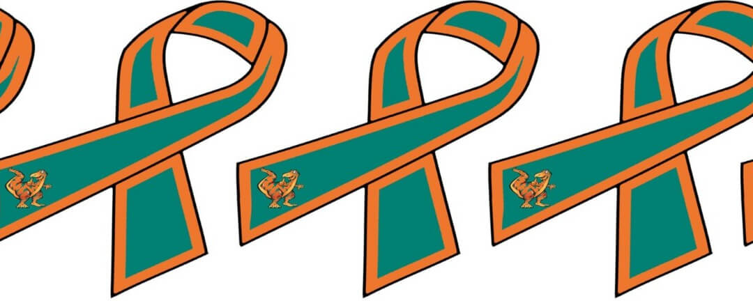 Three teal and orange awareness ribbons featuring a dinosaur emblem on a light grey background.